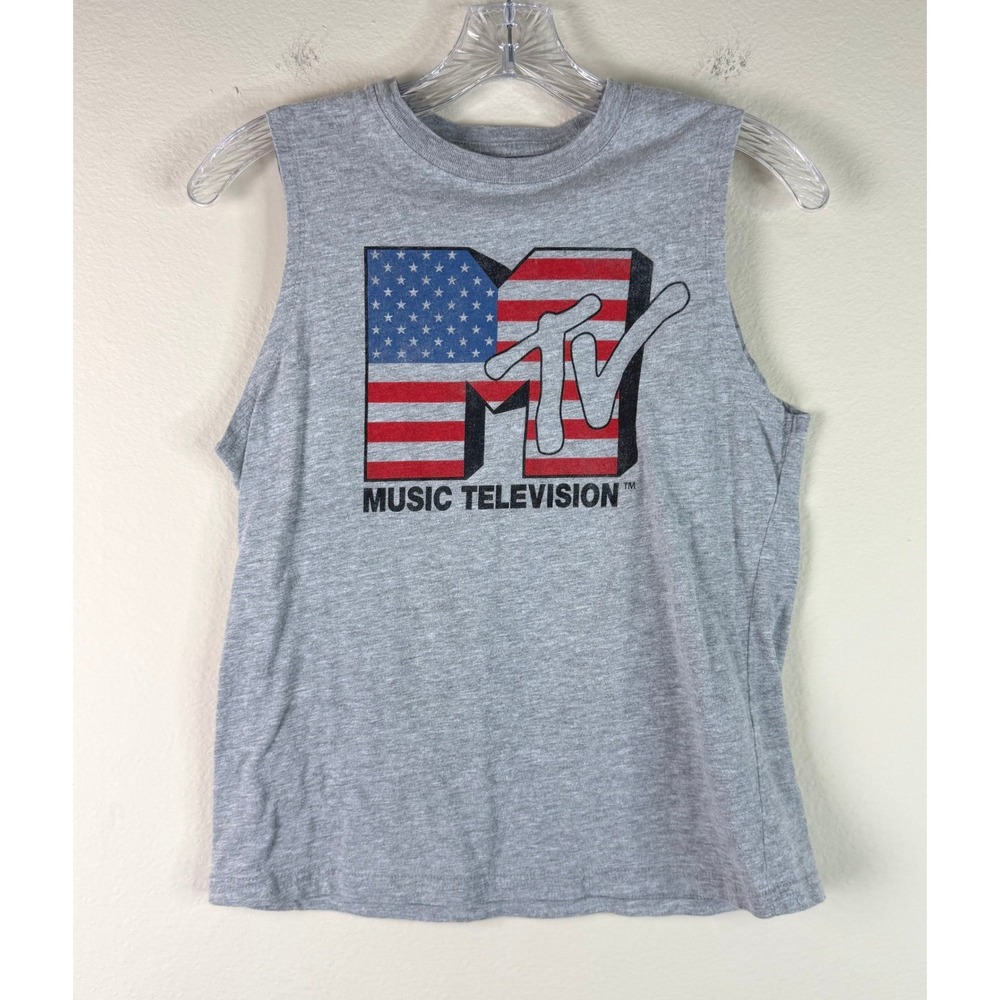 MTV Tank Top Womens XS Gray American Flag Logo Muscle Tee Sleeveless Retro